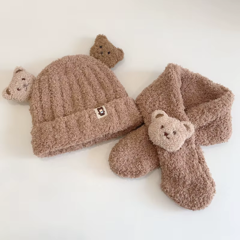 Chapeau et écharpe pour bébé, ensemble chaud d'hiver pour filles et garçons, ours de dessin animé, v