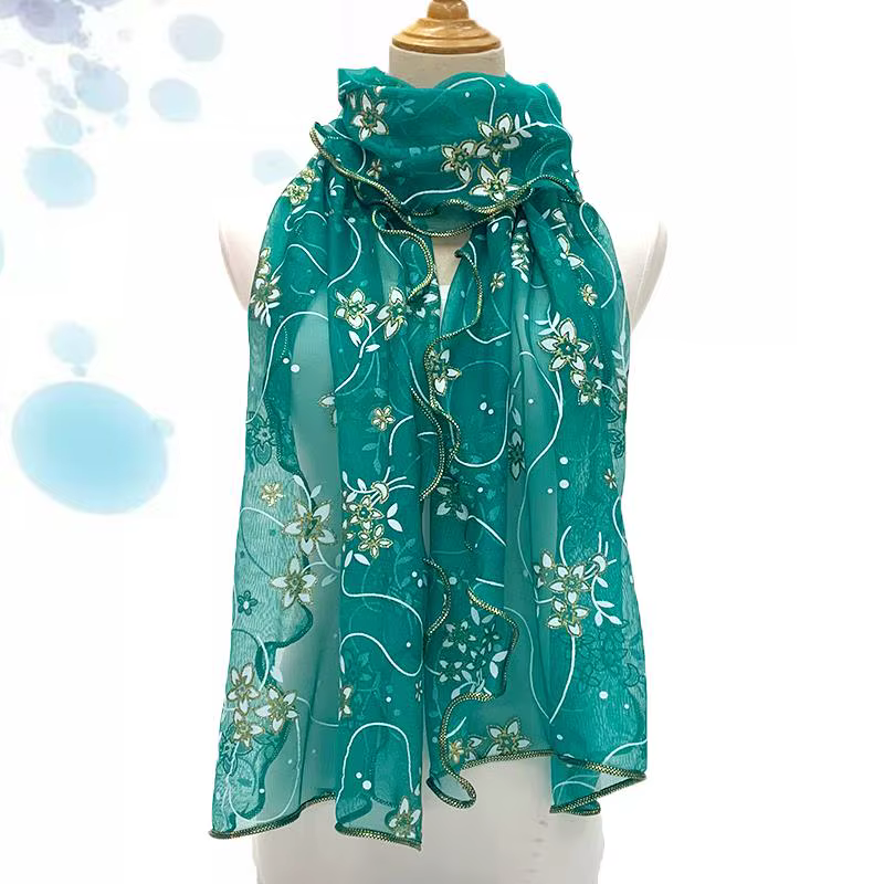 Châle Brodé de Fleurs Dorées pour Femme, Écharpe Élégante et Douce, Hijab Enveloppant, Foulard de Sa