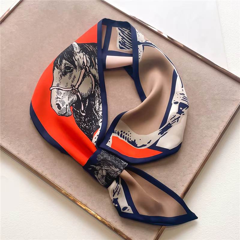 Marque de luxe imprimé cheval foulard maigre écharpe pour femmes Satin rubans de soie Bandana dames 