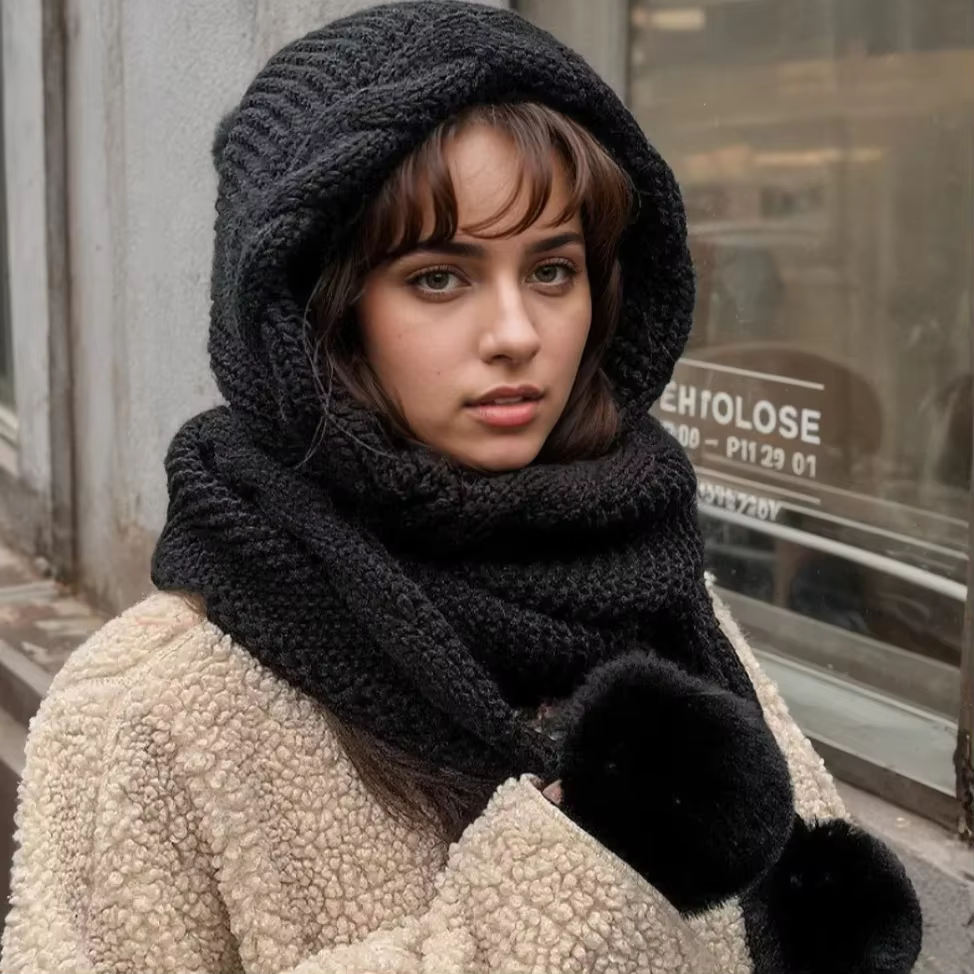 Ensemble écharpe chapeau d'hiver pour femme – Bonnet et cagoule en laine thermique pour chapeau poly