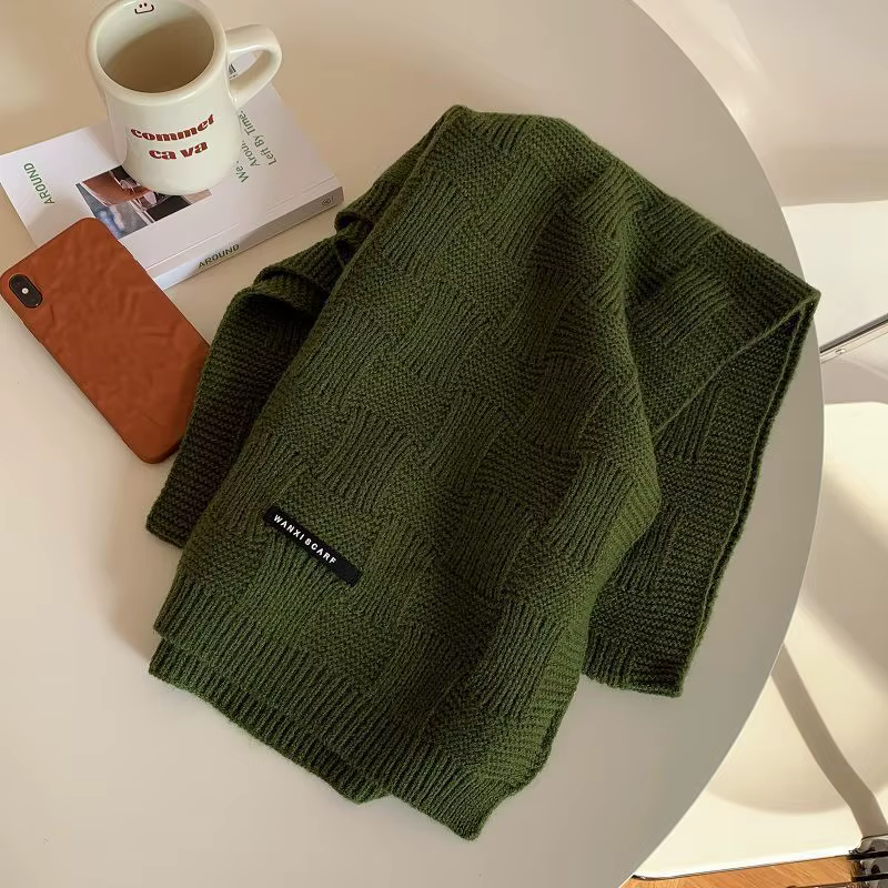 Écharpe blanche rétro verte pour femme, écharpe chaude coréenne en laine de couleur unie, douce et p