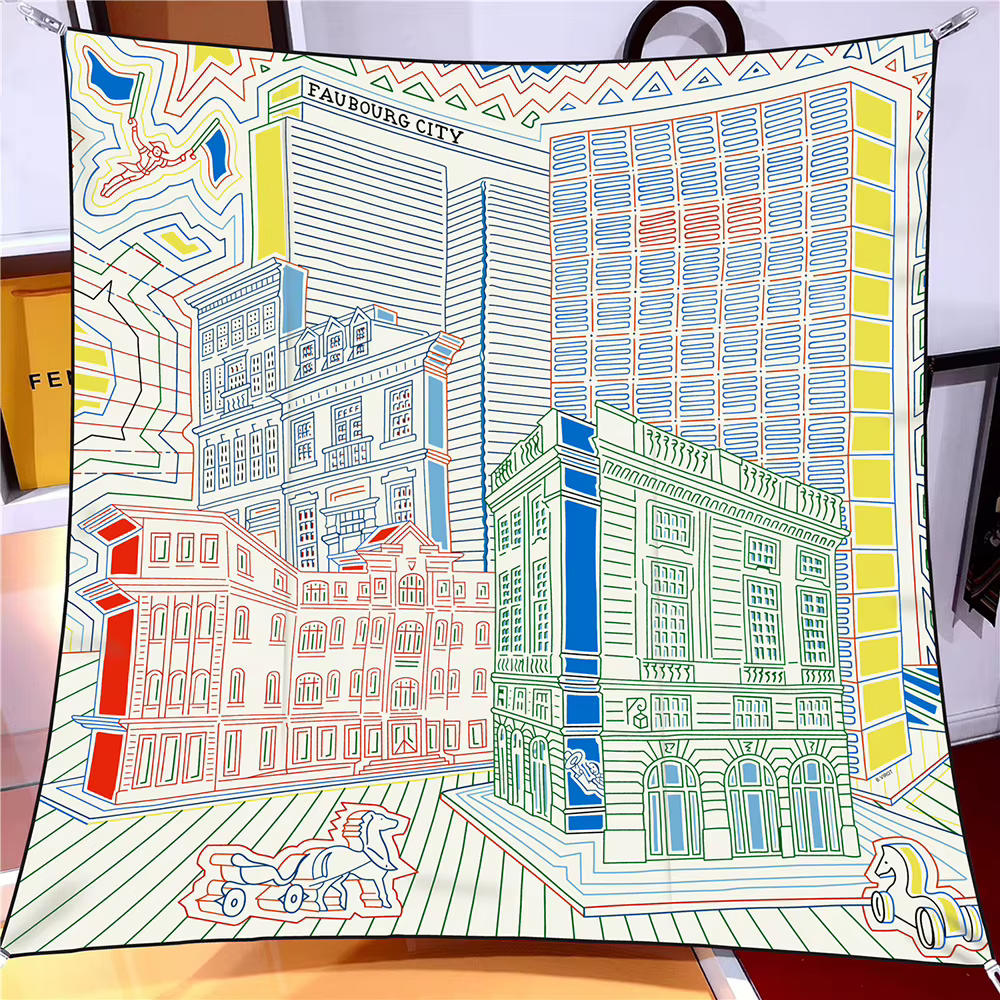 Foulard en soie sergé châle marque de luxe Fubao City Architecture Foulard carré femmes Hijabs Banda