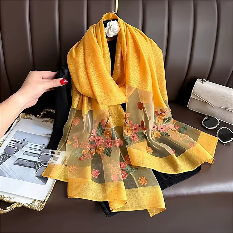 Écharpe en laine brodée florale pour femme, Hijab féminin, Foulard, Pashmina fin, Châles, Wraps, Buf