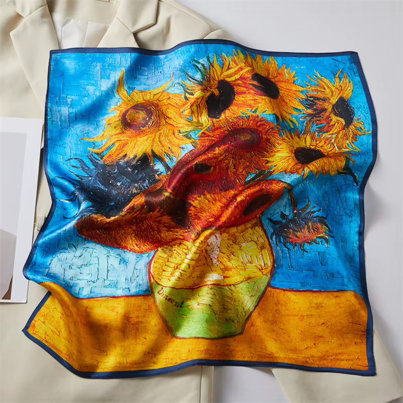 Foulard de cou pour femme 100% soie naturelle, bandana, foulard carré, bandeau imprimé Tournesol (pe