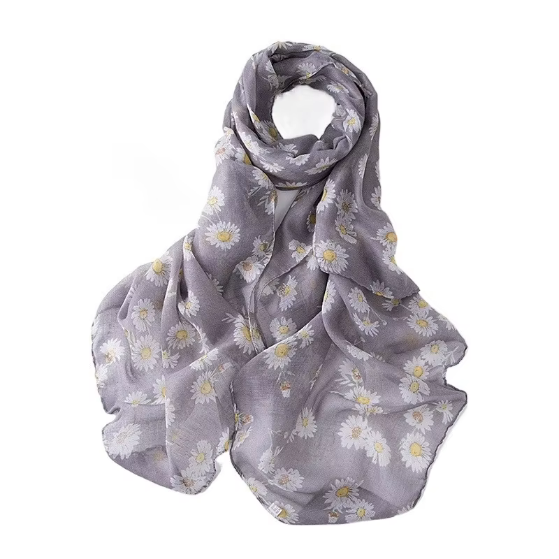 Écharpe pour femme à imprimé marguerite grise, châle léger et enveloppant, doux, 100% viscose, hijab