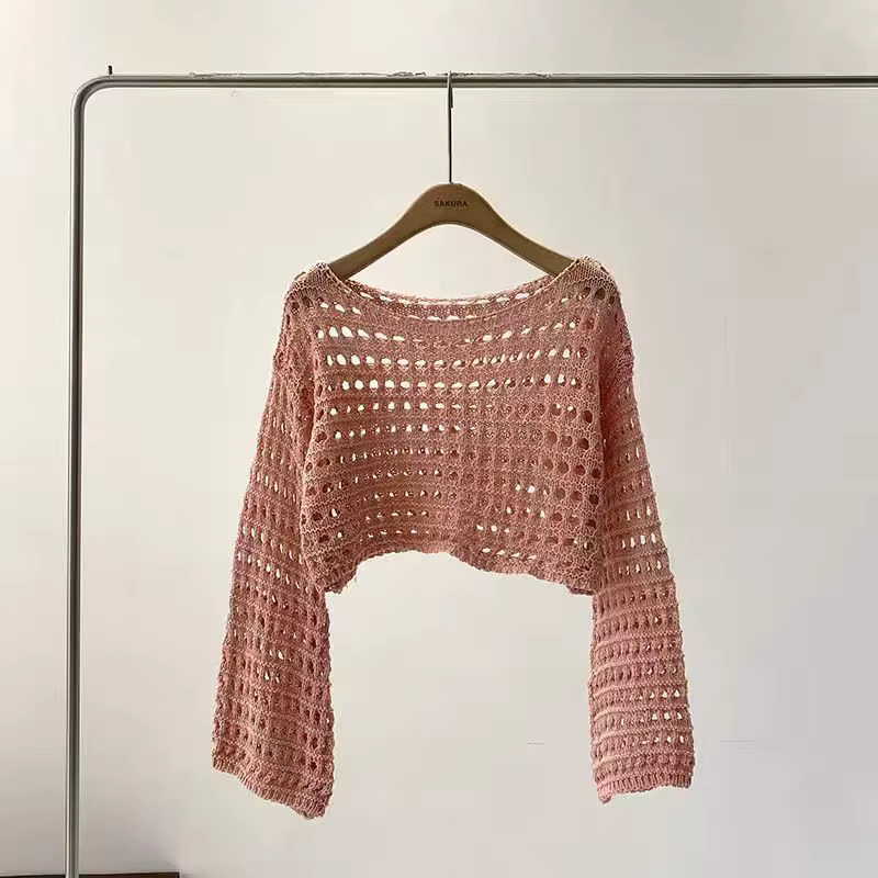 Haut en tricot au Crochet à manches longues pour femmes, Cover-Up pour Bikini de plage, pull court e