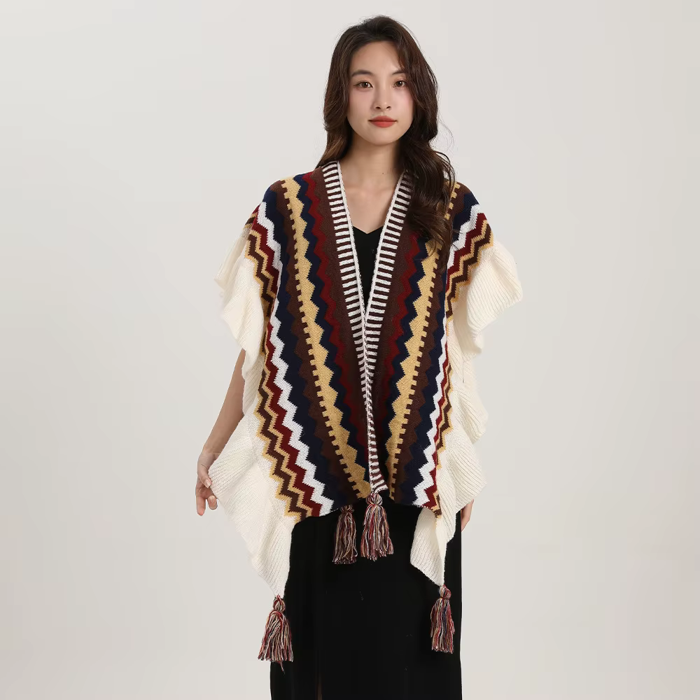 Châle bohème pour femme, Mohair avec pompon, cardigan ethnique rétro pour femme, écharpe à volants r