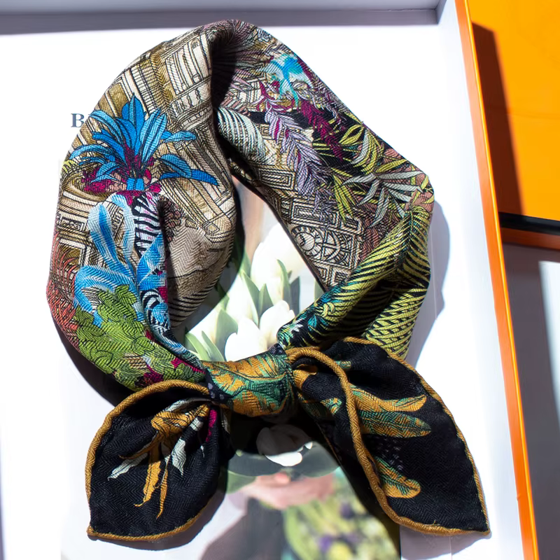 Écharpe en soie 30% et laine 70% pour femme, imprimé jungle tropicale, 65 cm carré, douce, chaude, l