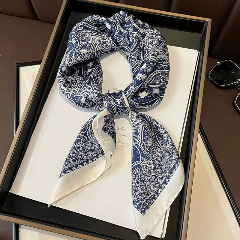 Écharpe carrée à imprimé fleur de cajou pour femme, châle bleu marine, foulard de la présidence, rub