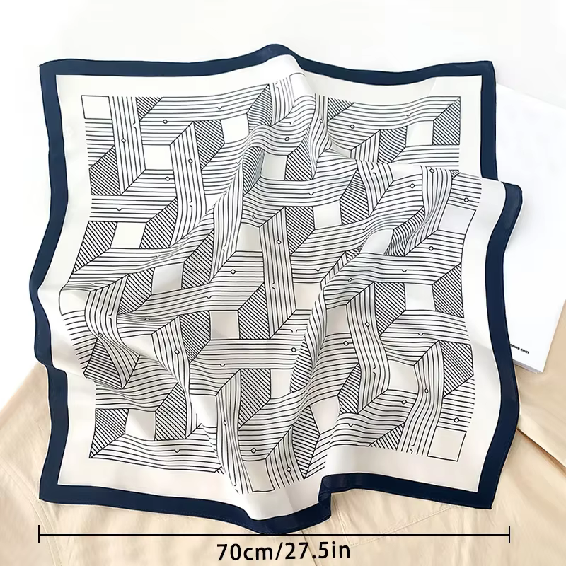 Écharpe en soie à motif géométrique rayé de 68cm pour femmes, Imitation soie, couvre-chef frais et p