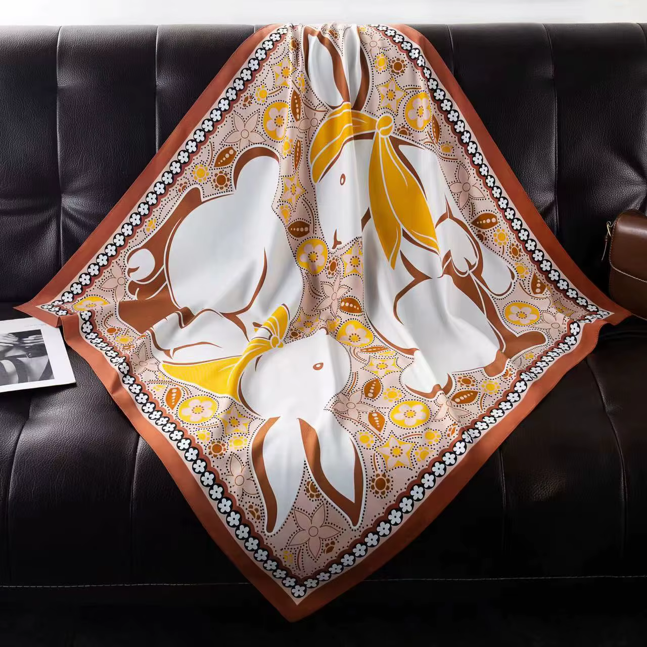 Foulard carré en soie à rayures inclinées, imprimé Floral, 90cm, coréen, japonais, grande taille, ch