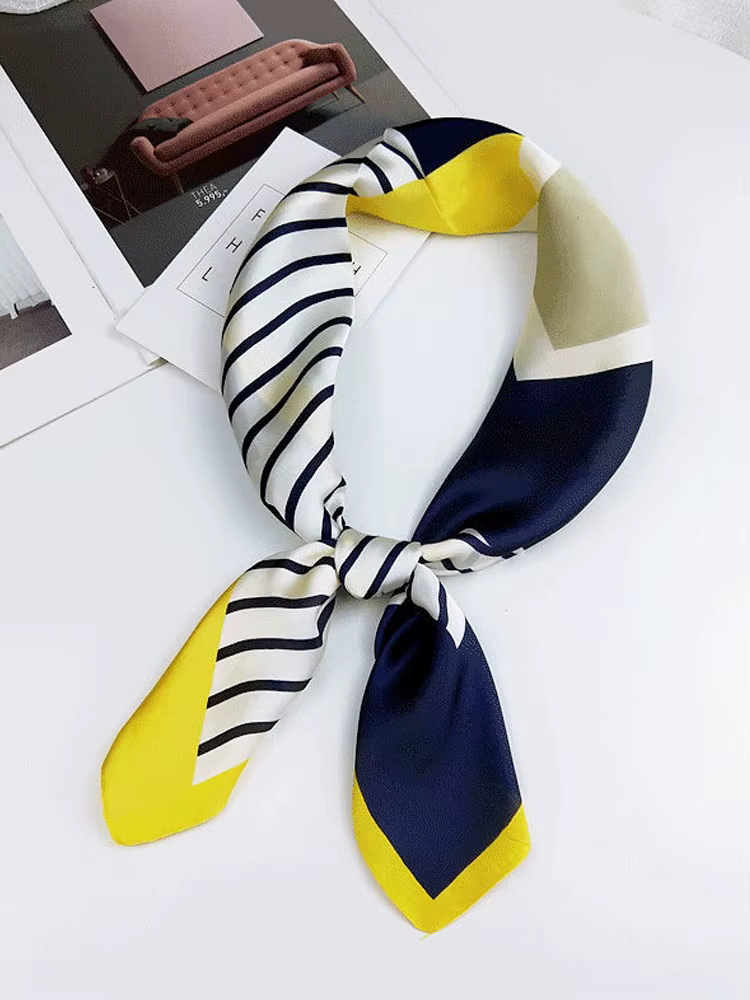1 écharpe carrée élégante à rayures bleu marine, blanches et jaunes - Matière polyester respirante, 