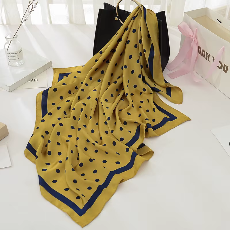 Foulard carré en soie à pois pour femmes, 90x90cm, bandeau pour cheveux, chaîne douce, Hijab, Foular