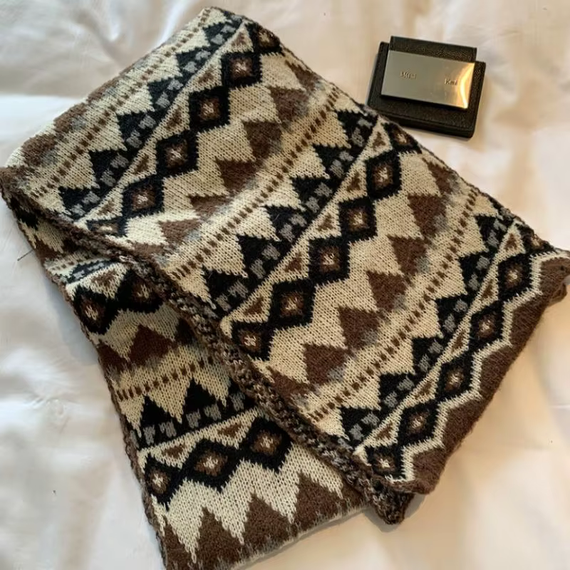 Écharpe tricotée Jacquard pour femme, écharpe rétro épaisse et chaude en laine, à la mode, hiver