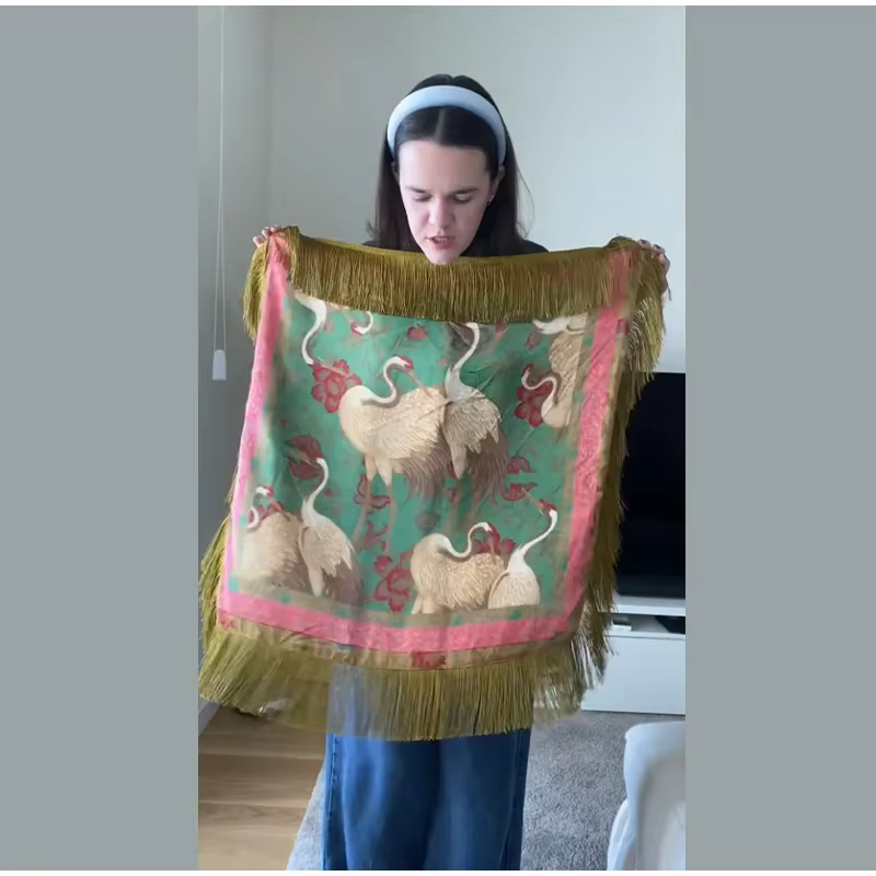 Écharpe Chic Imprimée à Pompons pour Femme, Légère, Vintage, Bandana Carré Grande Taille, Châle Soye