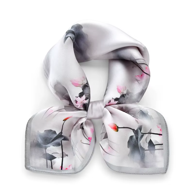 Foulard 100% soie feuille de lotus gris pour femme, châle enveloppant, cravate lisse, cadeau de luxe