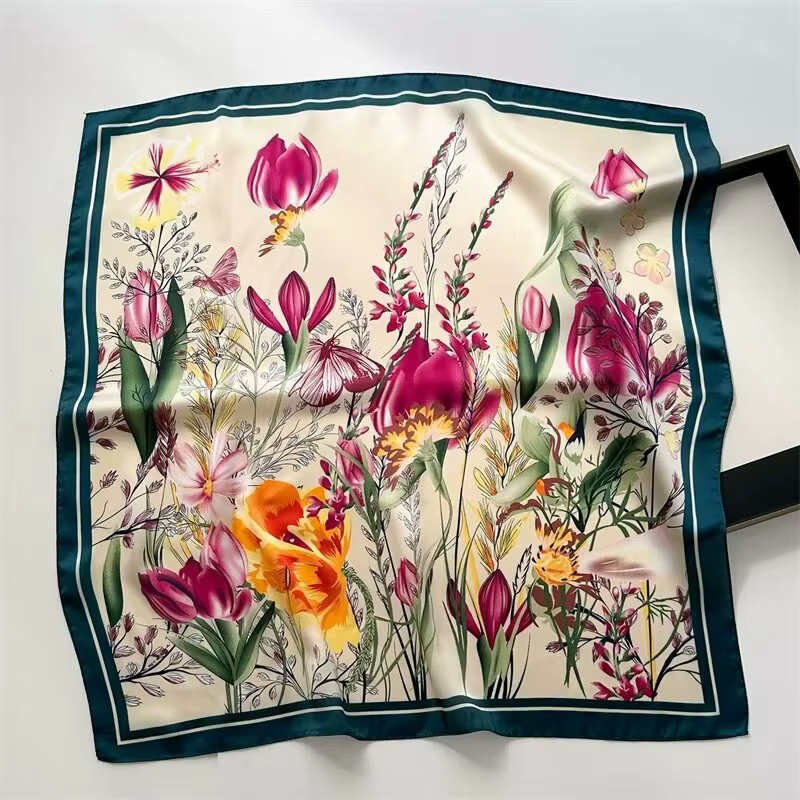 Écharpe en soie imprimée de fleurs violettes pour femmes, foulard en Satin, sac à couvre-chef polyva