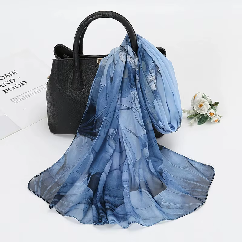 Écharpe en mousseline de soie imprimé Lotus, écharpe légère à la mode pour femmes, Protection solair