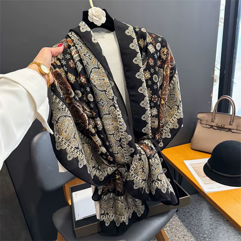 Châle Paisley noir Vintage 88x180cm, sensation de coton et de lin, écharpe de Style Boho pour femmes