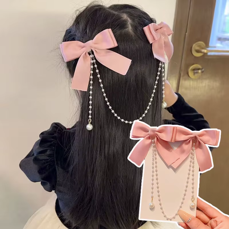 Pince à cheveux avec nœud en chaîne de perles roses, Style princesse doux, épingles à cheveux mignon