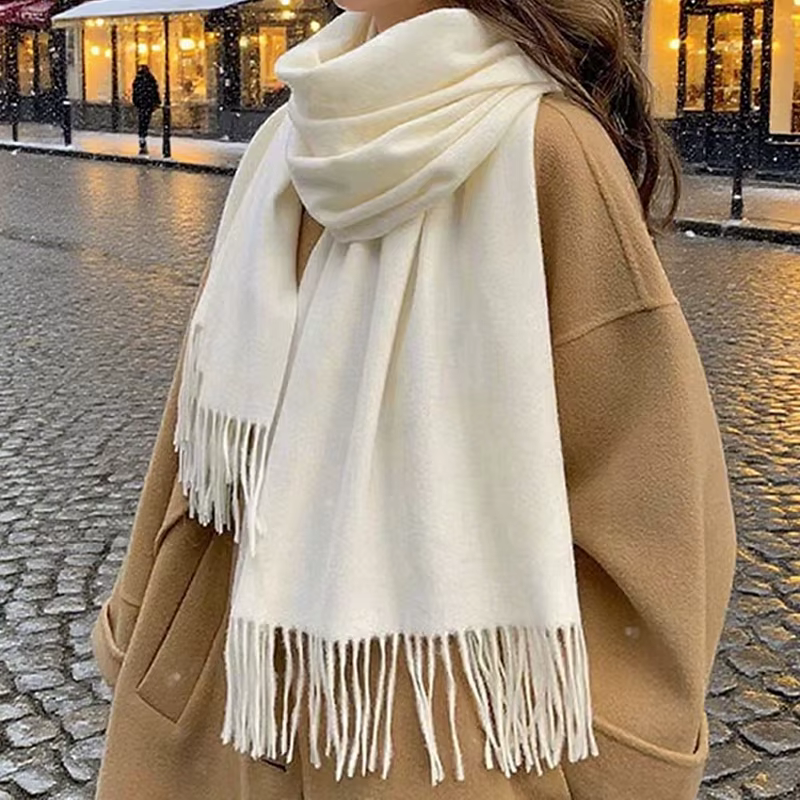 Écharpe blanche à pompons pour femme! Châle épais et chaud, design couleur unie, chaleur du cou, ada