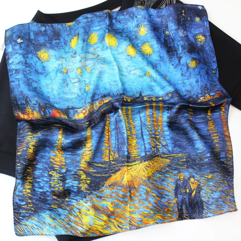 Foulard carré en soie de mûrier 100% naturelle, motif peinture à l'huile Van Gogh, pour femme, foula