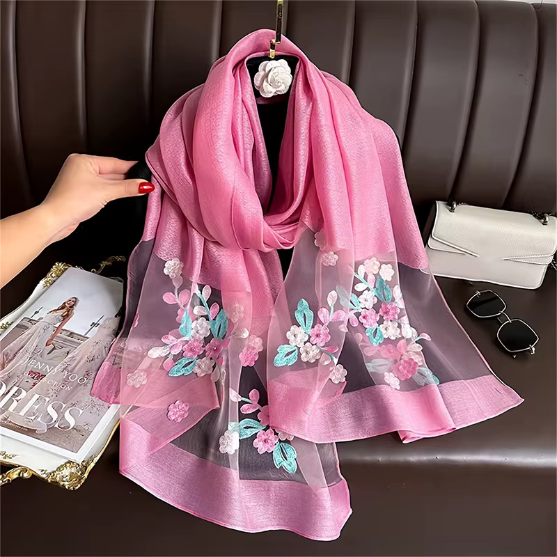Écharpe en laine brodée florale pour femme, Hijab féminin, Foulard, Pashmina fin, Châles, Wraps, Buf