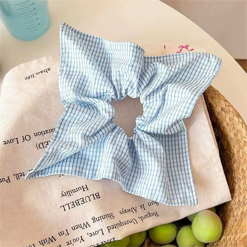 Élégant foulard carré en coton doux rayé bleu et blanc, attache-cheveux – Convient aux coiffures chi