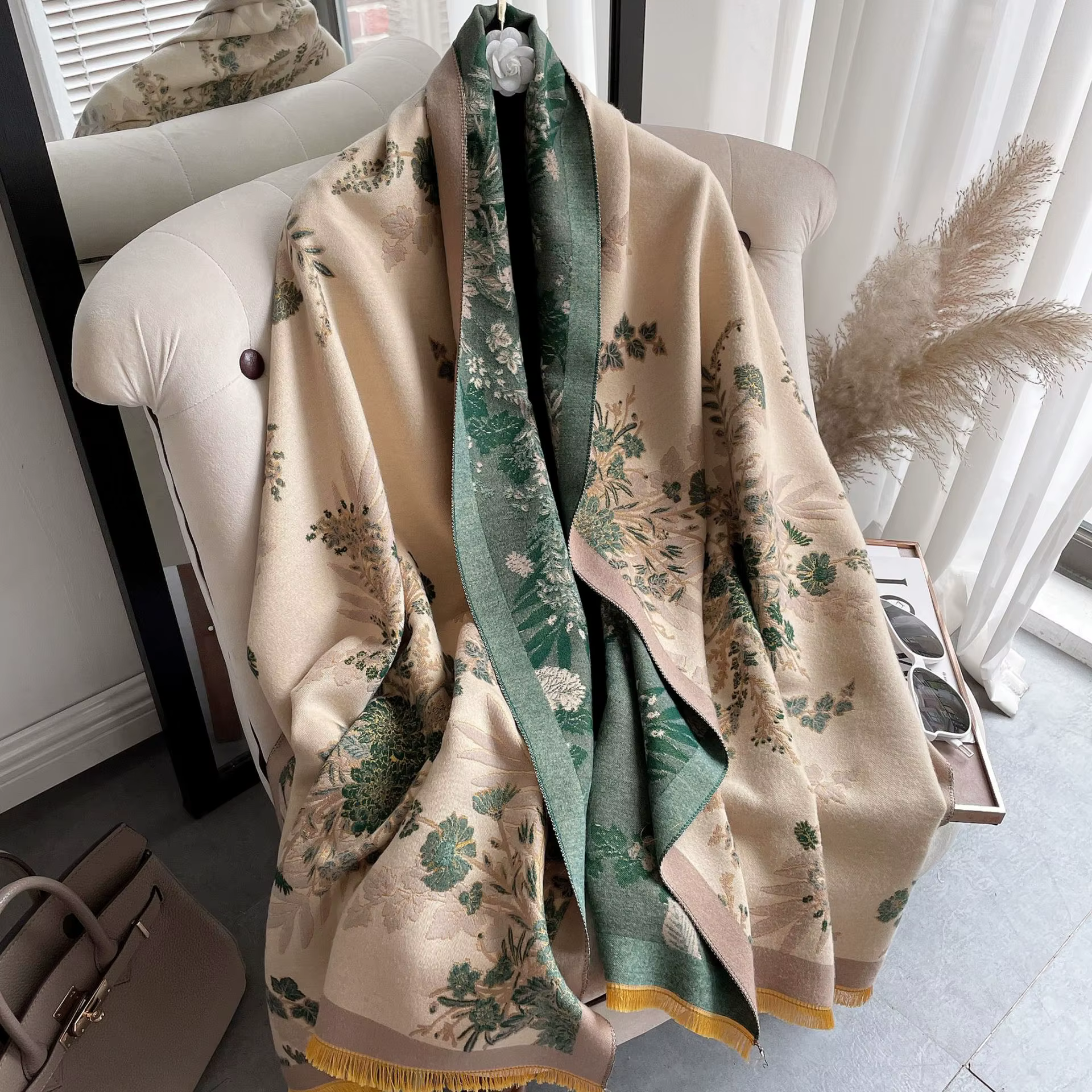 Écharpes en cachemire à motif floral pour femmes, châle rond épais, écharpe pashmina en laine pour d