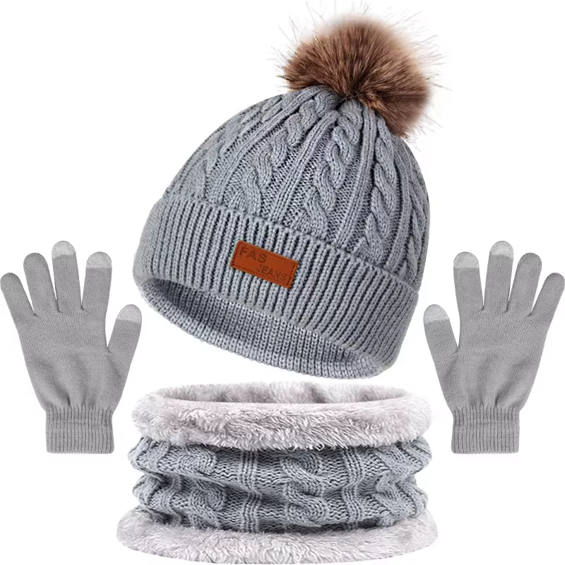 Ensemble de gants écharpe et chapeau pour femmes, ensemble de gants en fausse fourrure, bonnet trico
