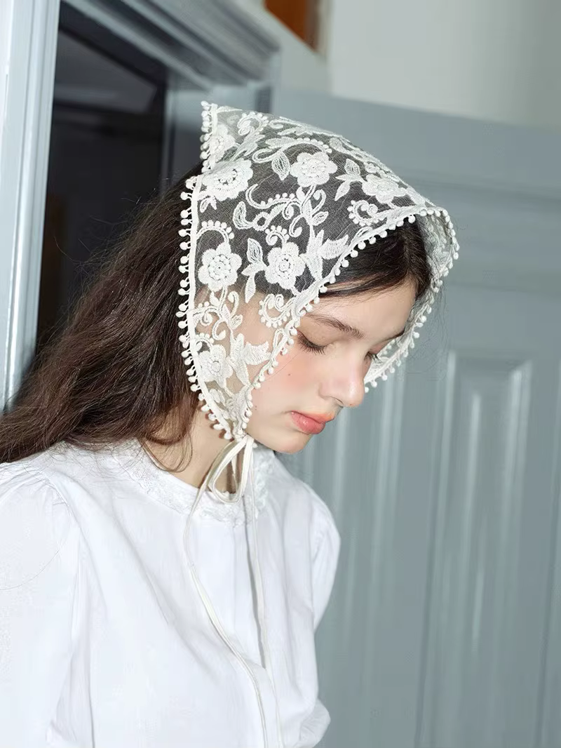 Foulard en dentelle florale tissée blanche pour femmes, enveloppe rétro Triangle, chapeau, bandeau P