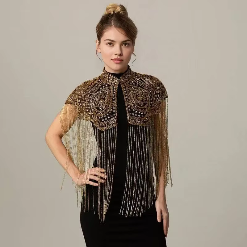 Châle indien lourd orné de perles, à longues franges, fait main, pour robe de soirée, cape, accessoi