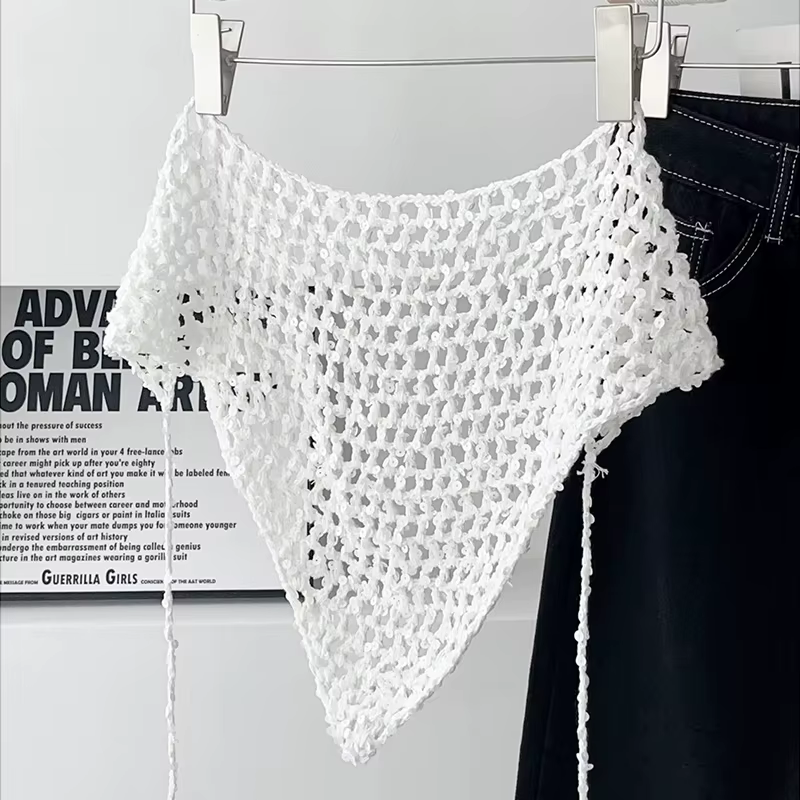 Écharpe triangulaire en tricot ajouré à paillettes style Ins pour femme, polyvalente, décontractée,