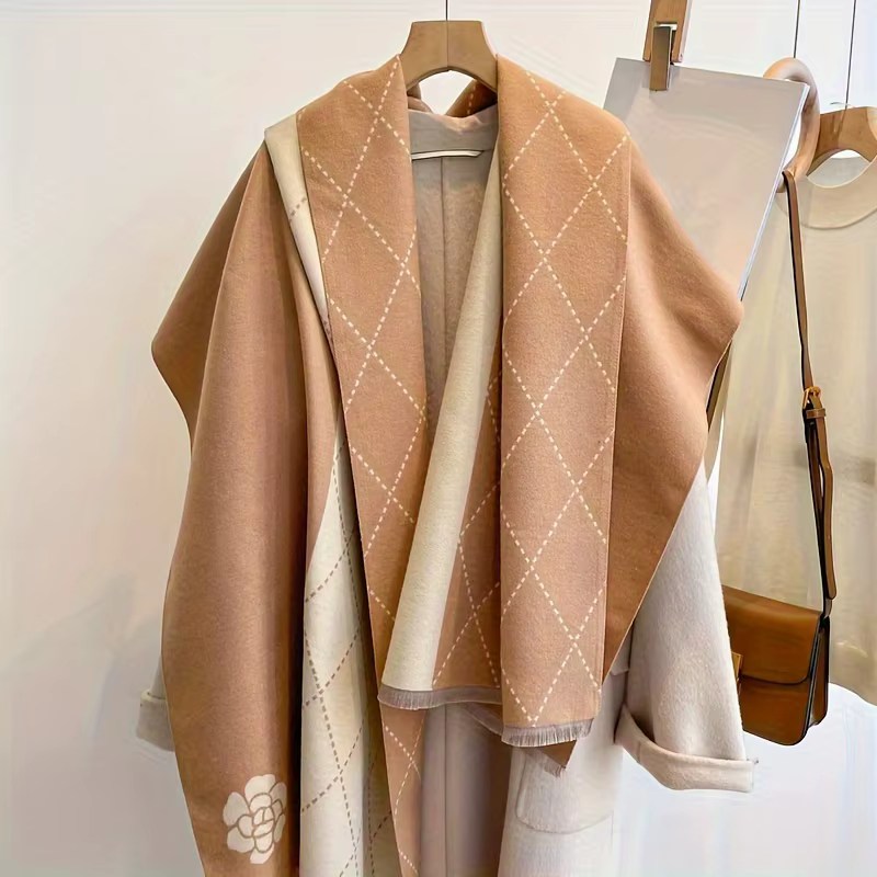 Écharpe Jacquard camélia géométrique élégante, châle à franges en Imitation cachemire pour femme, éc