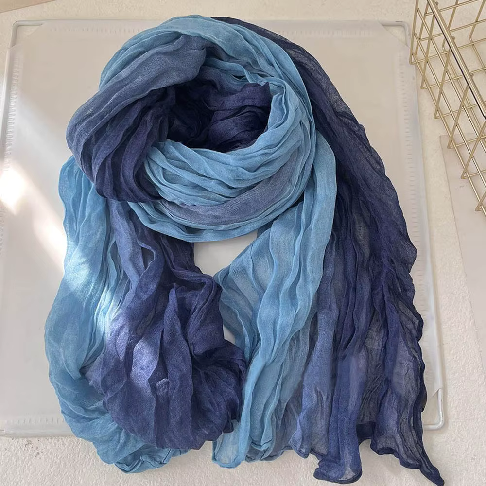 Écharpe d'hiver pour femmes coton chanvre dégradé bleu automne hiver rétro polyvalent imprimé femmes