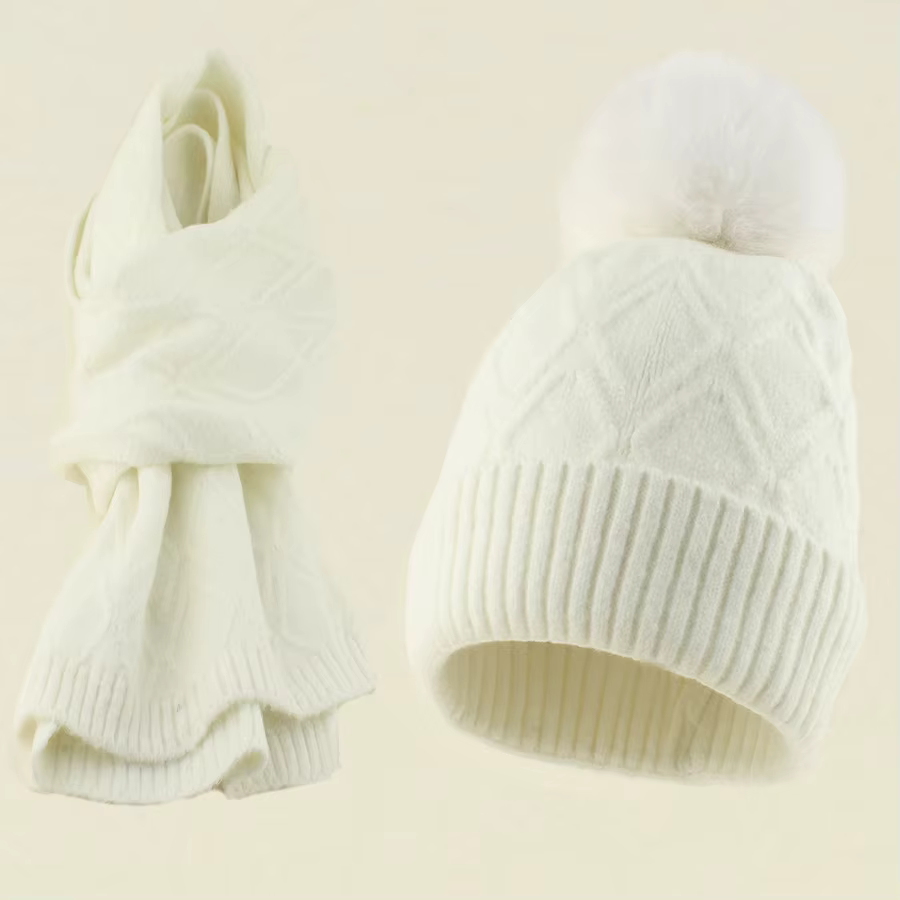 Ensemble chapeau et écharpe pour femmes, bonnet tricoté en laine, pompon de renard, accessoire chaud