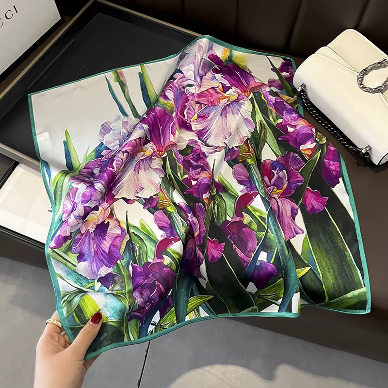 Foulard carré en soie véritable pour femmes, imprimé Floral, châle de luxe, Hijab, bandeau Bandana, 