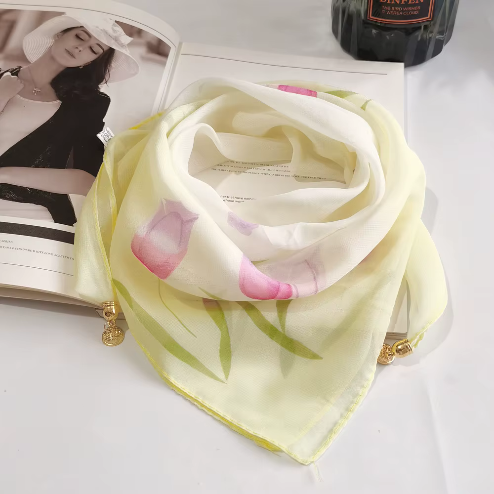 Nouvelle mode boucle magnétique écharpe mince écharpe décorative en mousseline de soie carré crème s