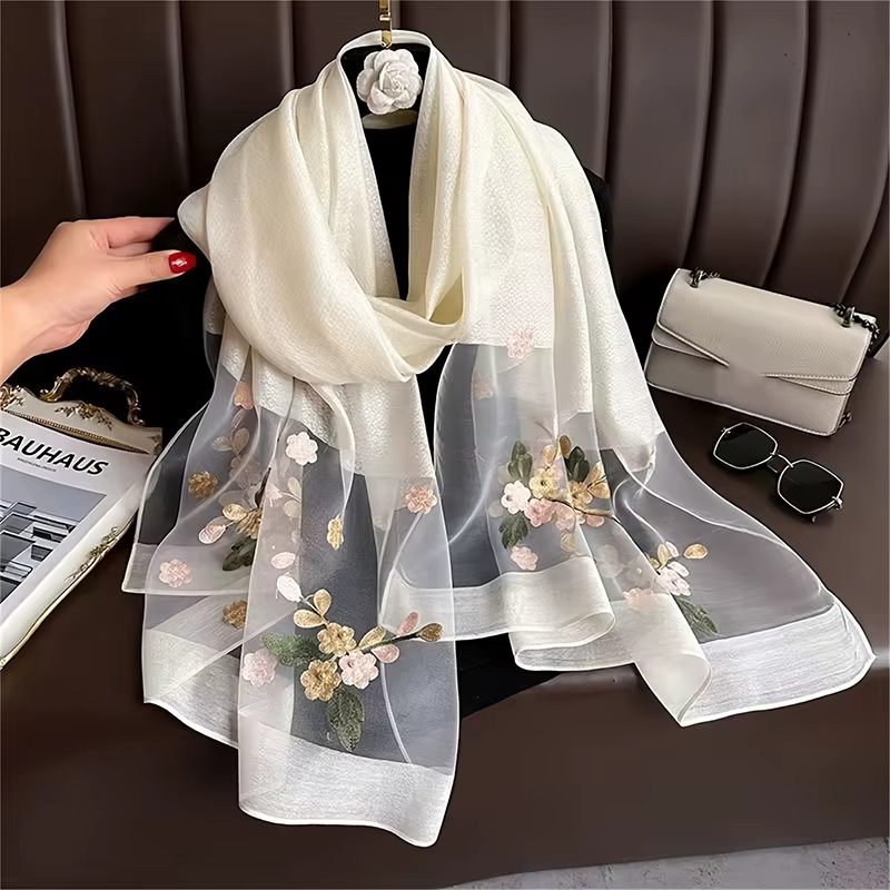 Écharpe en laine brodée florale pour femme, Hijab féminin, Foulard, Pashmina fin, Châles, Wraps, Buf