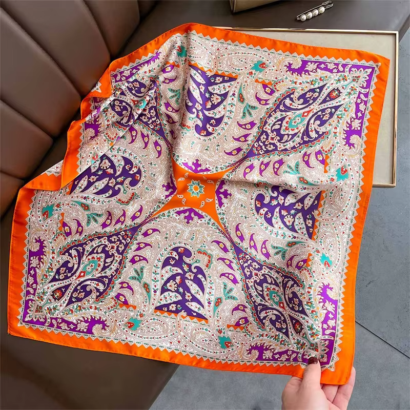 Foulard carré de luxe violet vibrant pour femmes, 70x70cm, en soie, bord Orange, imprimé Boho, couve