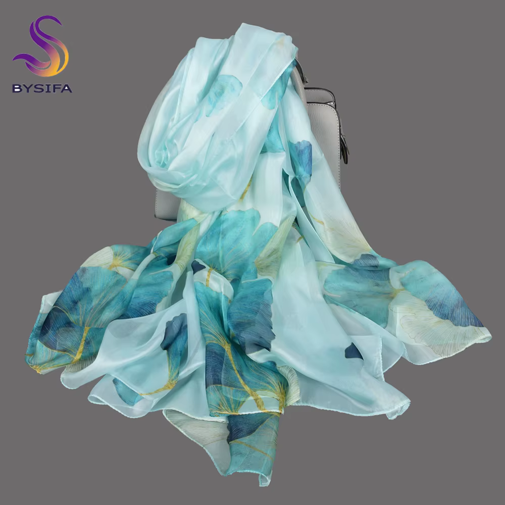 BYSIFA |   Nouveau Châle Long d'Été en Soie de Mûrier 100% Bleue pour Femme, Motif Feuilles de Ginkg
