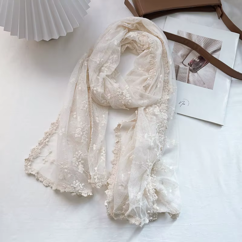 Châle en dentelle creuse pour femme, écharpe vintage, gaze blanche transparente brodée, coton et lin