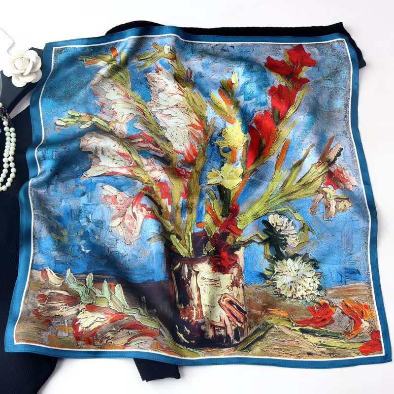 Vangogh peinture à l'huile Gladiolus imprimé écharpe femme luxe vraie soie Bandana Foulard carré Fou