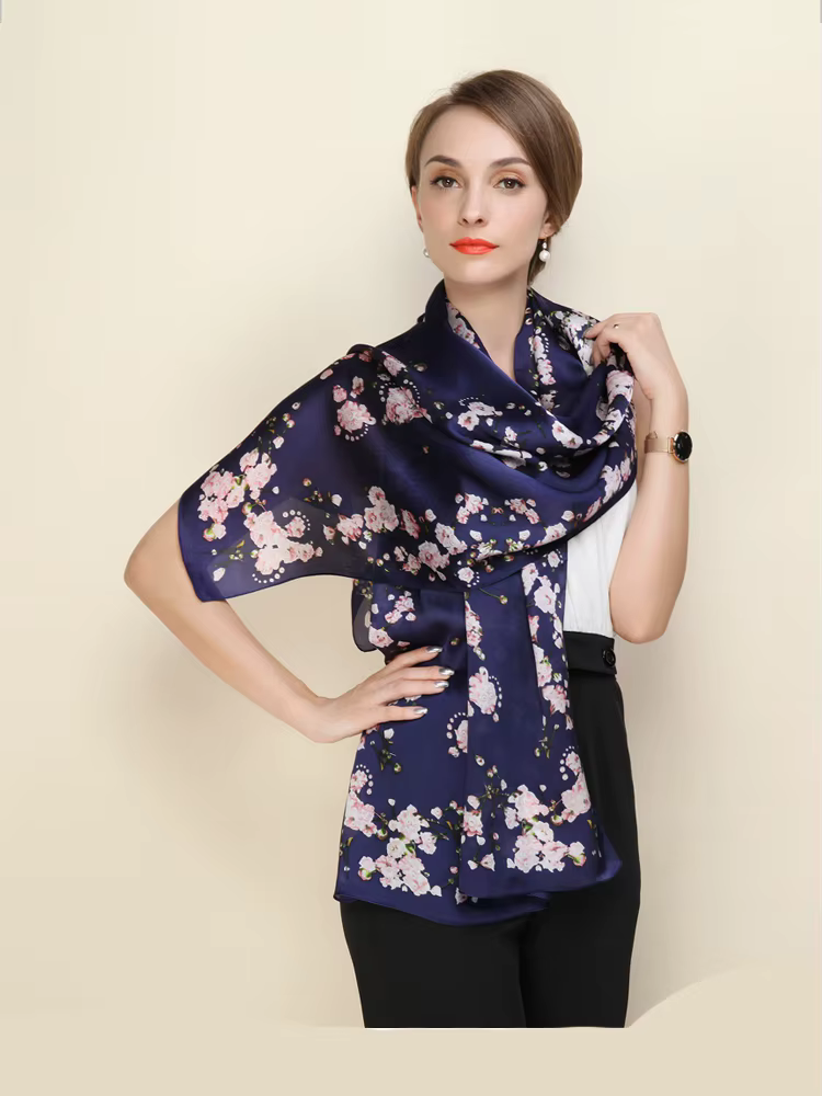 Foulard en soie de mûrier pour femmes, châle de luxe japonais imprimé de fleurs de cerisier, Long Ba