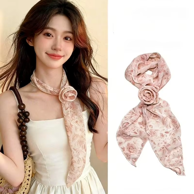 Écharpe florale en mousseline avec décor de roses, foulard doux pour femme, accessoire décontracté p