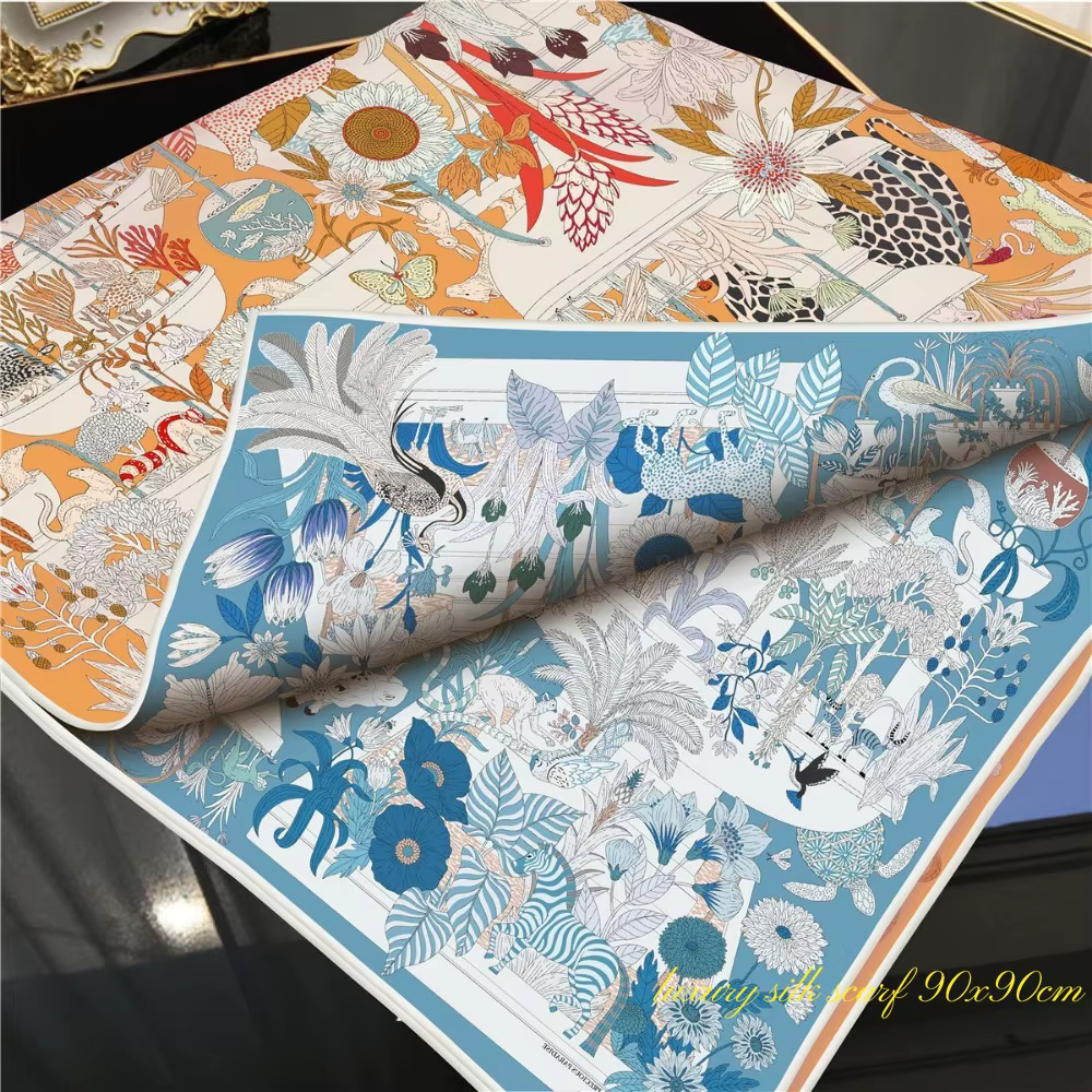 Grand Foulard Carré de Luxe à Bords Croisés pour Femme, Nouvelle Collection, Animal Paradis, Girafe,