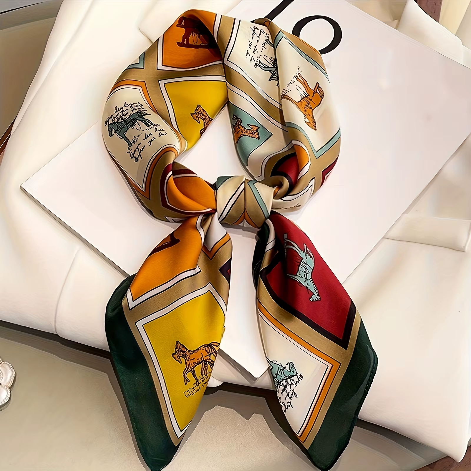 Foulard carré imprimé cheval à grille de 27.55 pouces, foulard de cou en soie simulée, foulard de pr