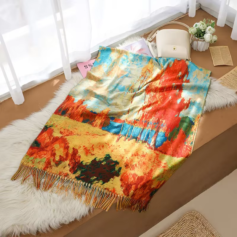 Écharpe en cachemire chaude d'hiver pour femmes, Design peinture à l'huile, châle Pashmina, longue c
