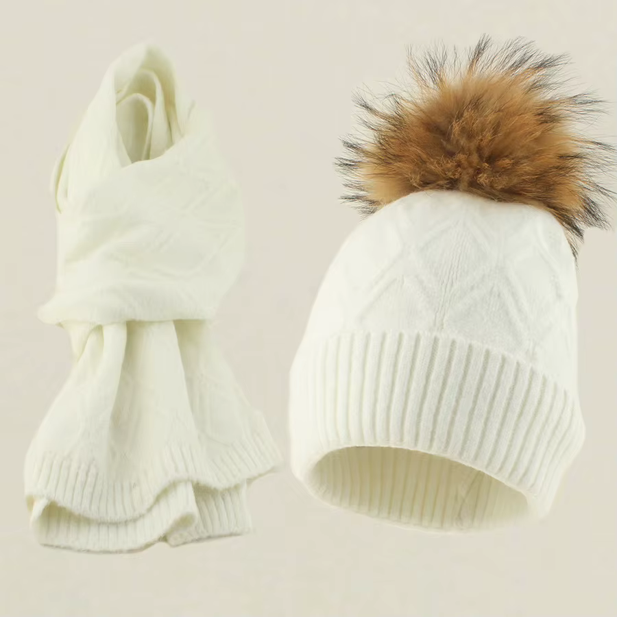 Ensemble chapeau et écharpe pour femme, bonnet tricoté en laine, pompon raton laveur, accessoire cha