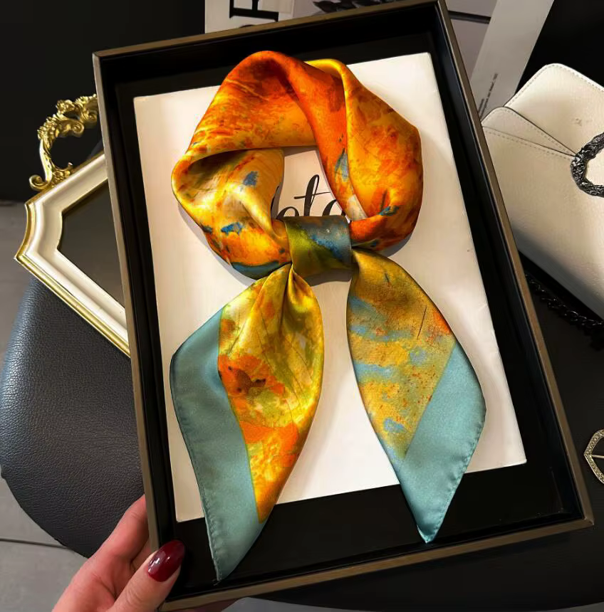 Foulards en soie pour femmes, 70x70cm, avec couvre-chef, accessoires pour cheveux et sacs de filles,
